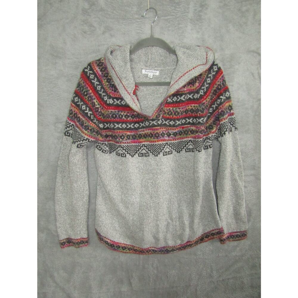 North Style Hooded Cardigan Sweater Gray Fair Isle Boho Nordic Layer Cabin Y2K
